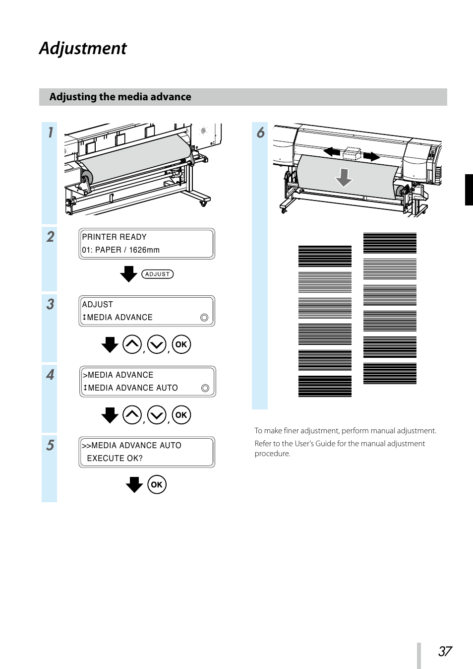 Adjustment, Adjusting the media advance | Oki ColorPainter E-64s User Manual | Page 38 / 209