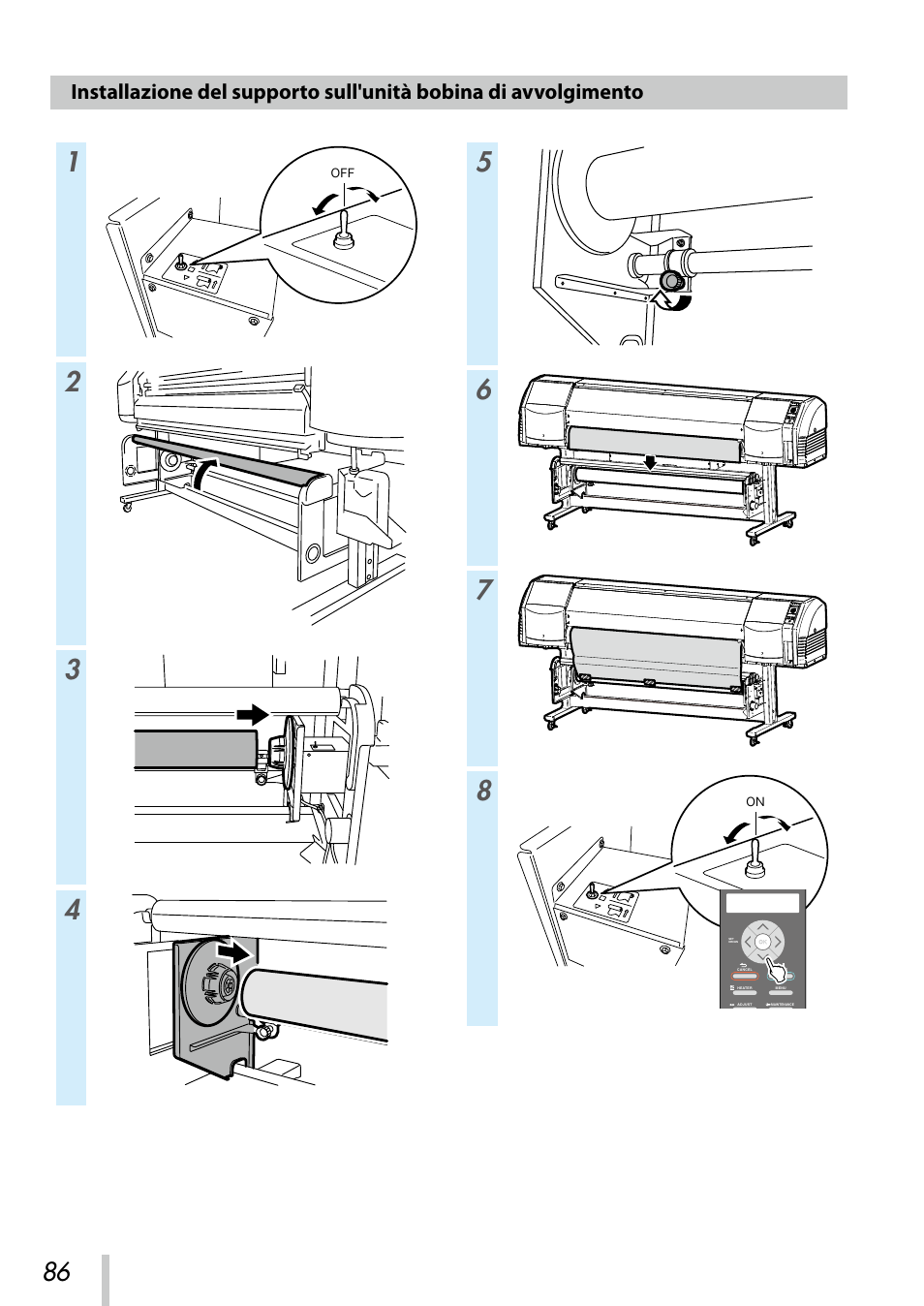Installazione del supporto sull'unità bobina di, Avvolgimento | Oki ColorPainter E-64s User Manual | Page 87 / 209
