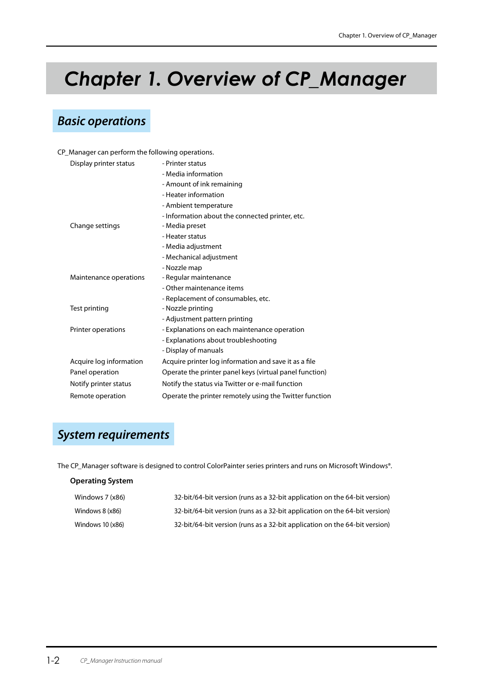 Chapter 1. overview of cp_manager, Basic operations, System requirements | Oki ColorPainter E-64s User Manual | Page 10 / 43