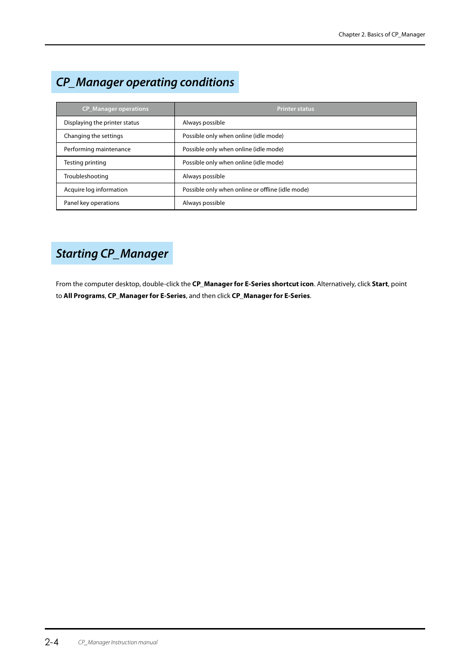 Cp_manager operating conditions, Starting cp_manager, Starting cp_manager ……………………………………………………………… 2-4 | Oki ColorPainter E-64s User Manual | Page 14 / 43