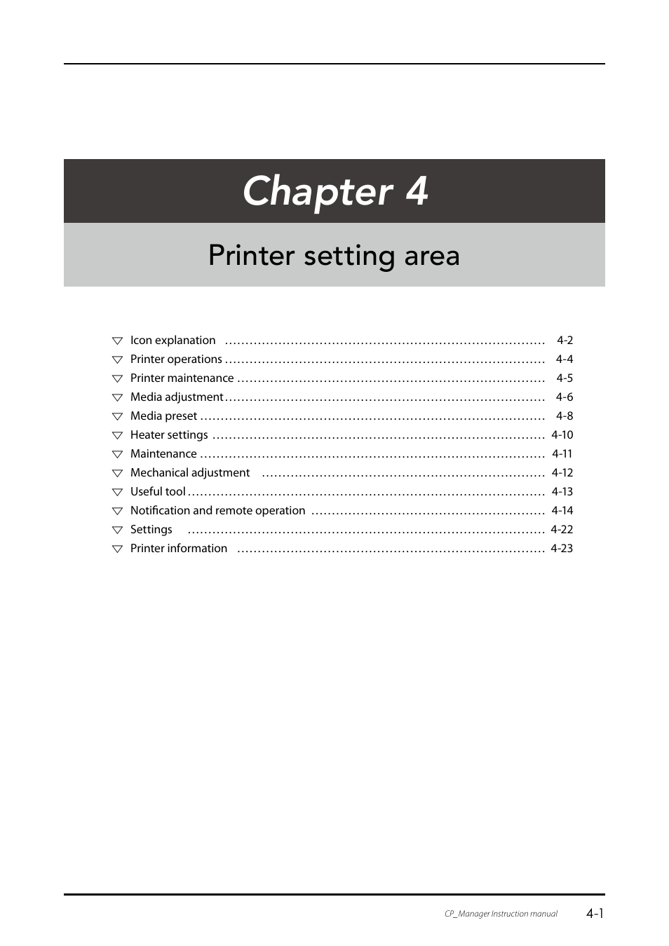 Chapter 4, Printer setting area | Oki ColorPainter E-64s User Manual | Page 21 / 43