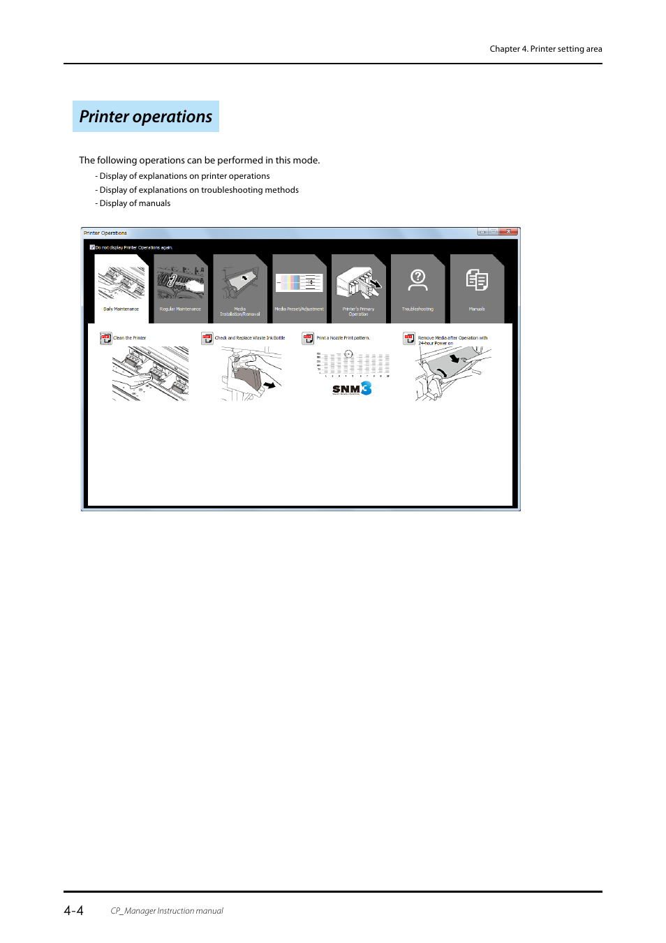 Printer operations, Printer operations …………………………………………………………………… 4-4 | Oki ColorPainter E-64s User Manual | Page 24 / 43