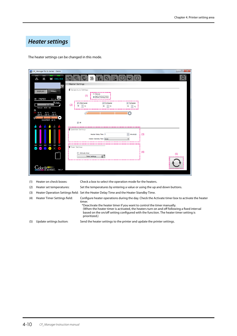 Heater settings, Heater settings ……………………………………………………………………… 4-10 | Oki ColorPainter E-64s User Manual | Page 30 / 43