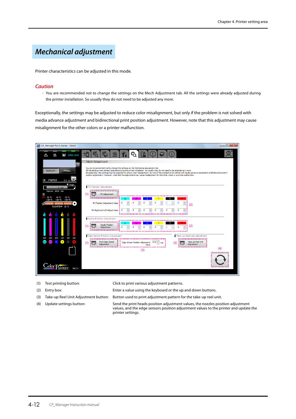 Mechanical adjustment, Mechanical adjustment …………………………………………………………… 4-12, Caution | Oki ColorPainter E-64s User Manual | Page 32 / 43