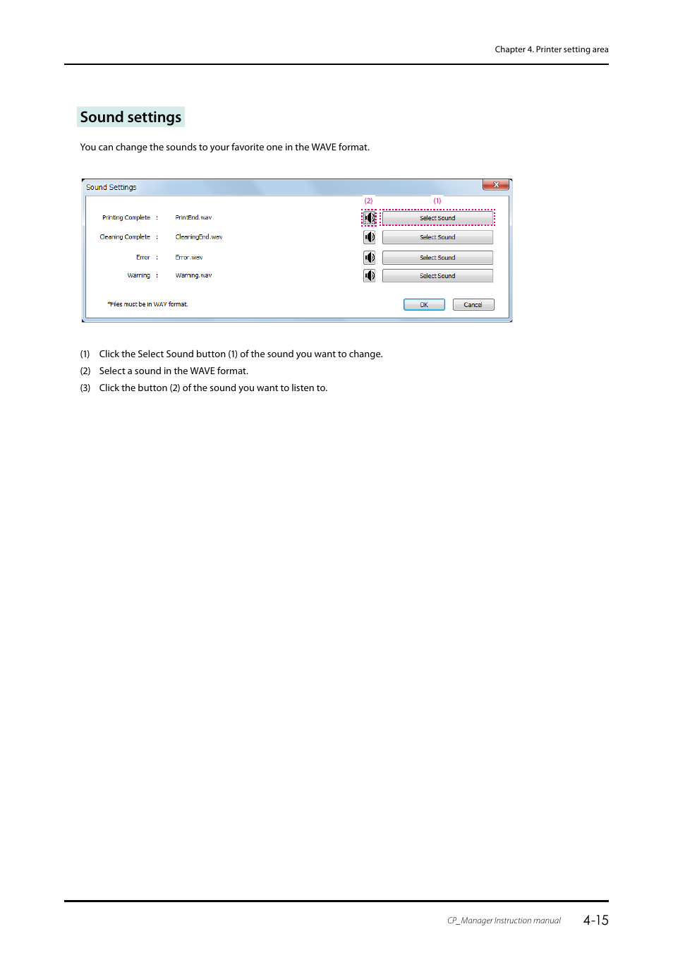 Sound settings | Oki ColorPainter E-64s User Manual | Page 35 / 43