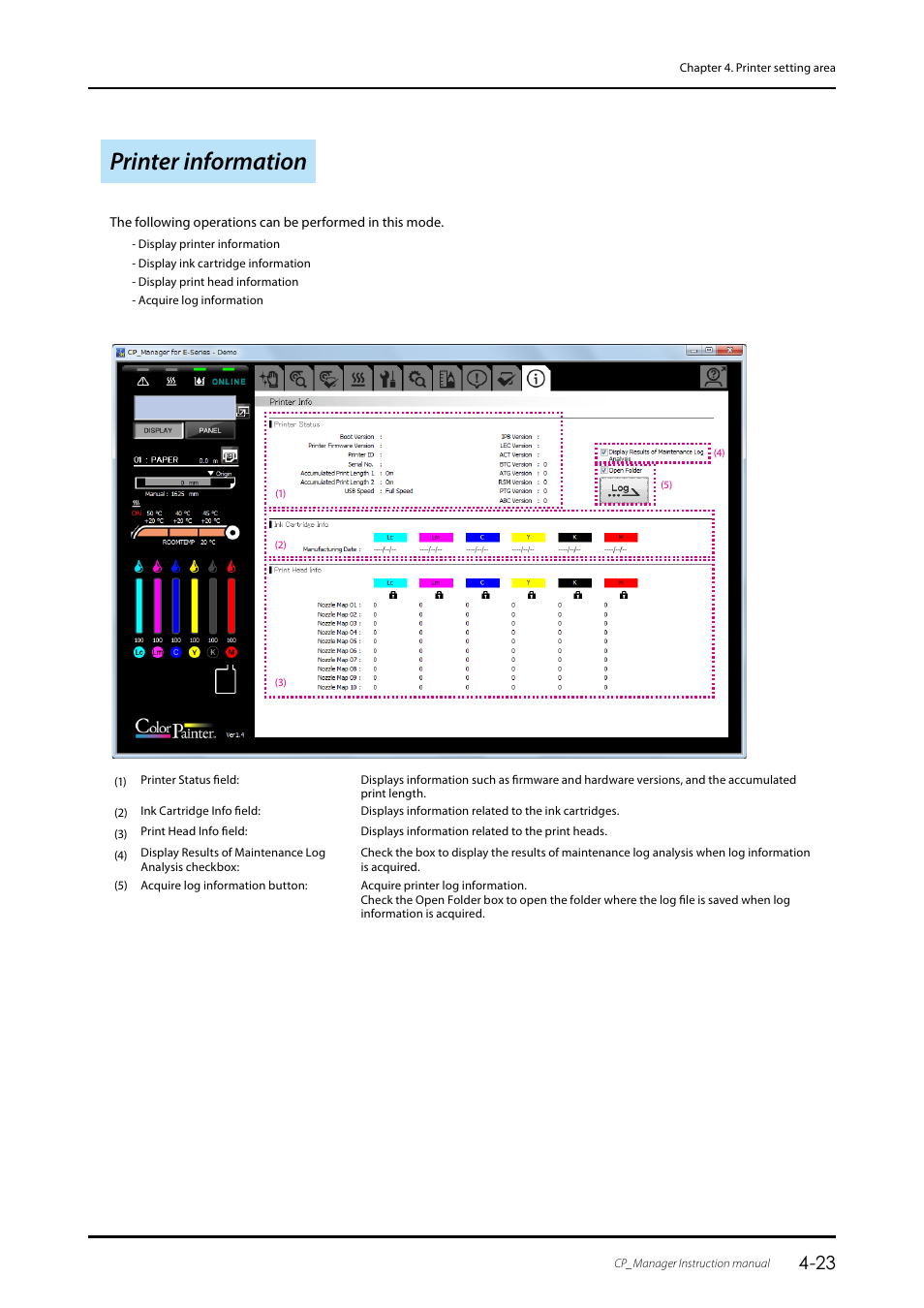 Printer information, Printer information ………………………………………………………………… 4-23 | Oki ColorPainter E-64s User Manual | Page 43 / 43