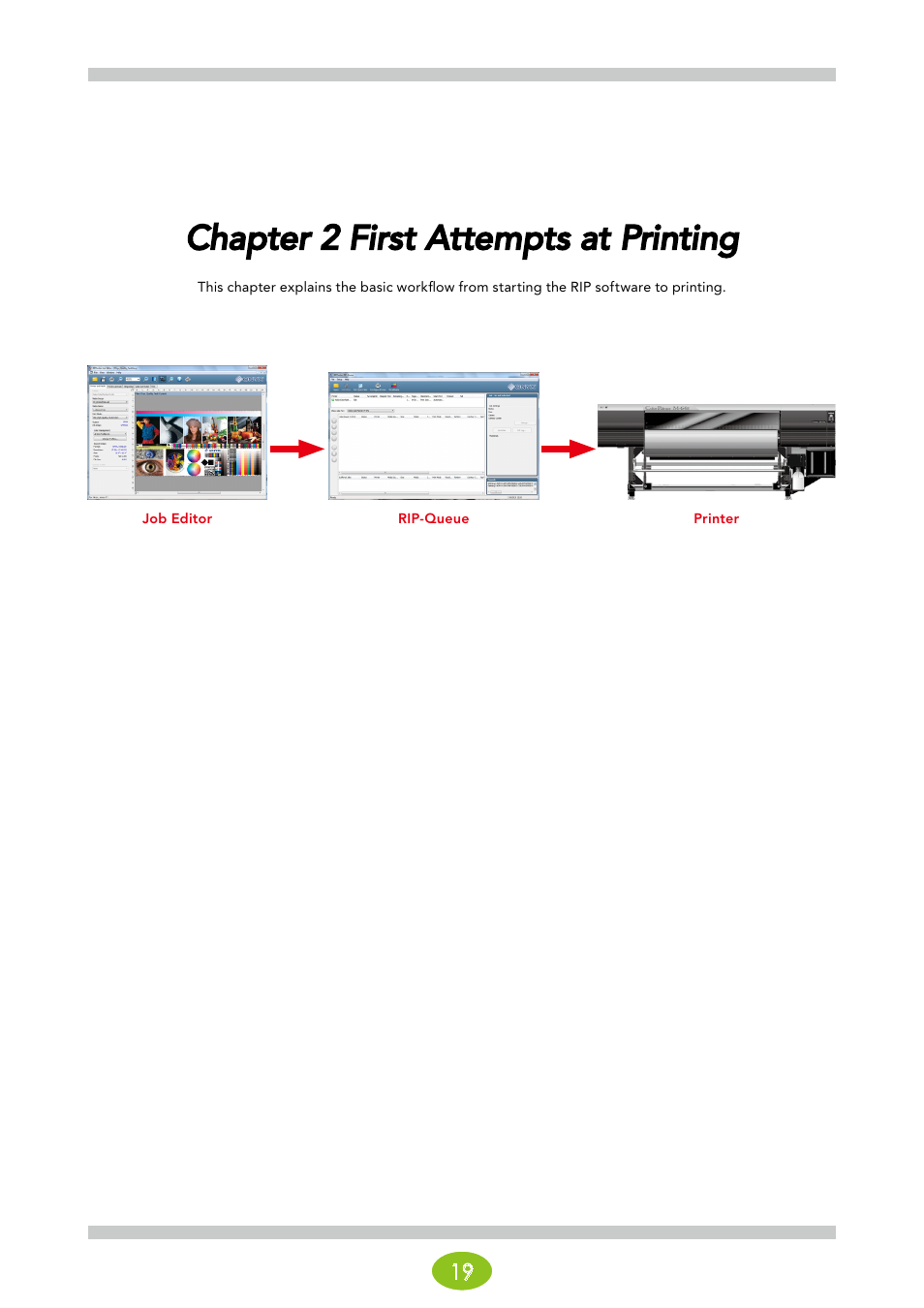 Chapter 2 first attempts at printing | Oki ColorPainter E-64s User Manual | Page 19 / 146