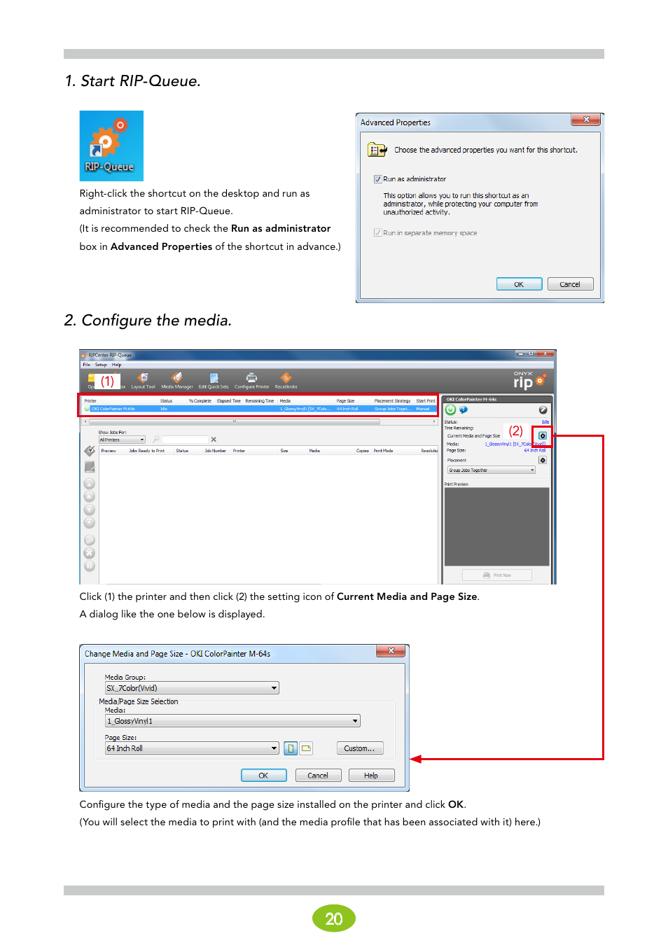 20 1. start rip-queue, Configure the media | Oki ColorPainter E-64s User Manual | Page 20 / 146