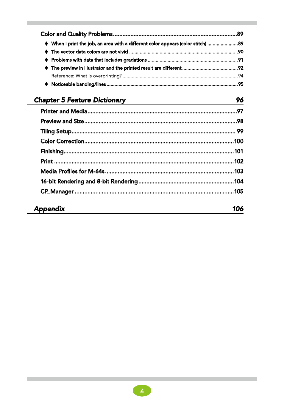 Chapter 5 feature dictionary 96, Appendix 106 | Oki ColorPainter E-64s User Manual | Page 4 / 146