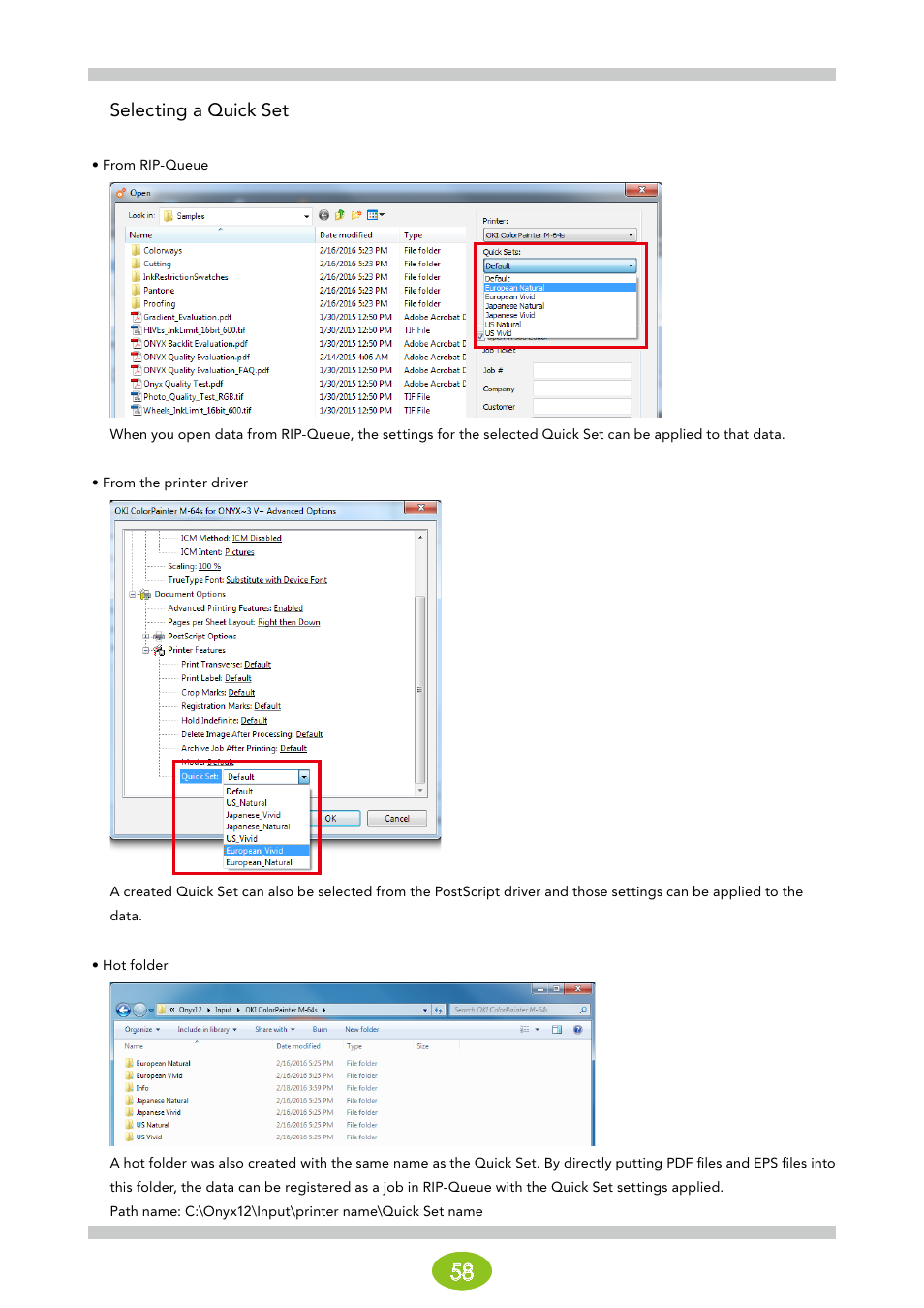 Selecting a quick set | Oki ColorPainter E-64s User Manual | Page 58 / 146