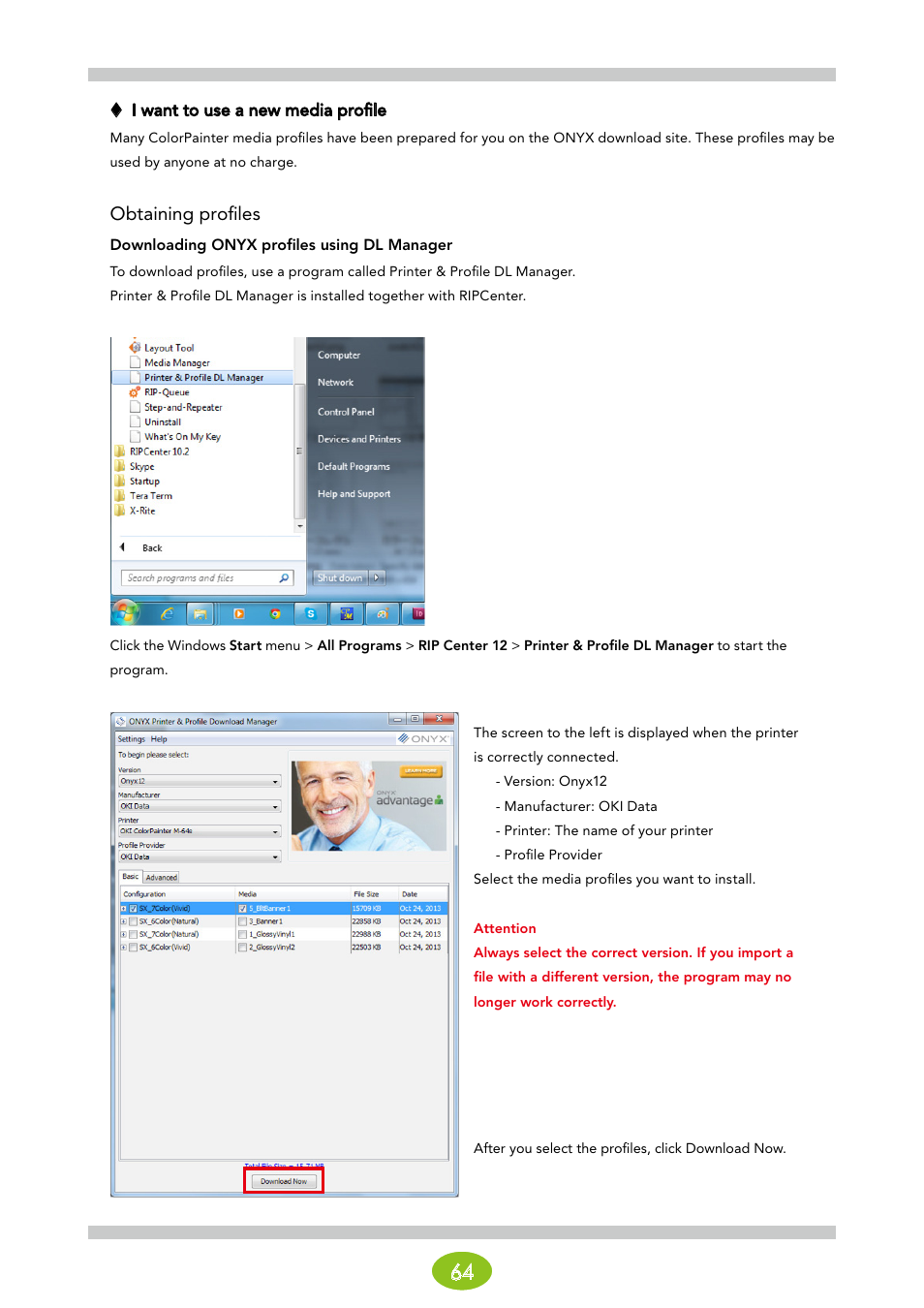 I want to use a new media profile, Obtaining profiles | Oki ColorPainter E-64s User Manual | Page 64 / 146