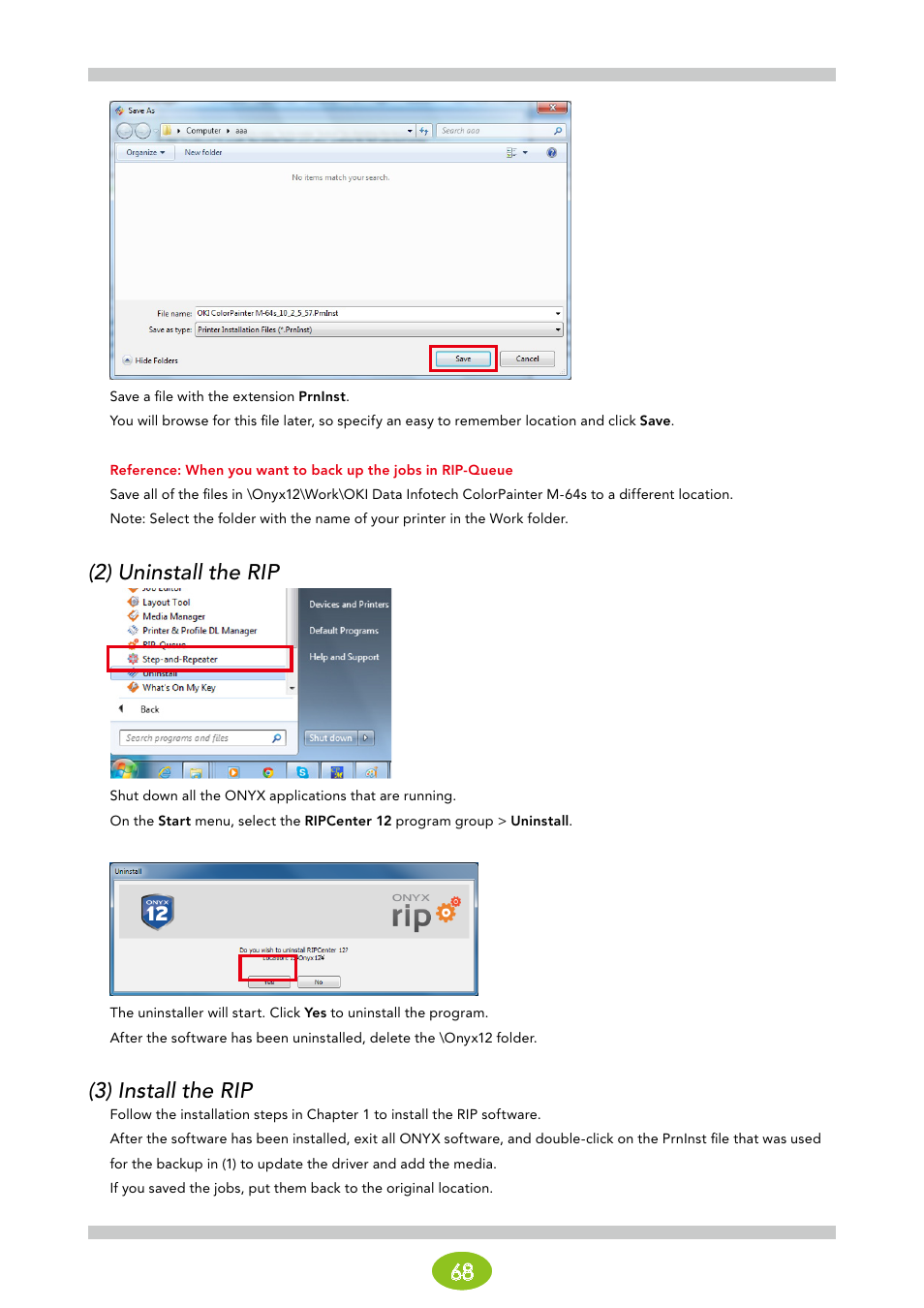 2) uninstall the rip, 3) install the rip | Oki ColorPainter E-64s User Manual | Page 68 / 146