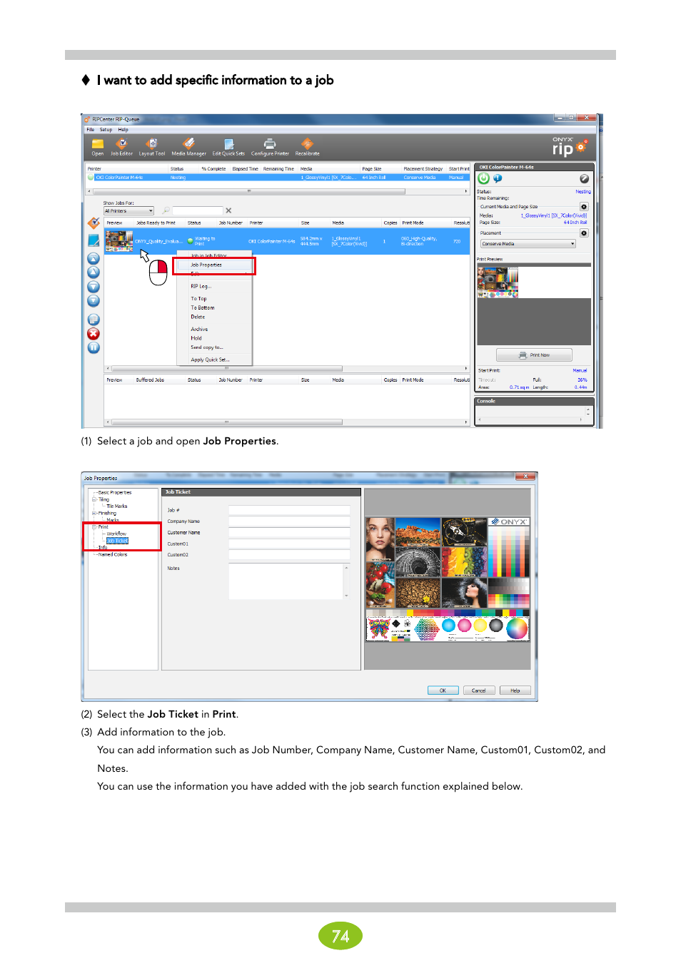 I want to add specific information to a job | Oki ColorPainter E-64s User Manual | Page 74 / 146