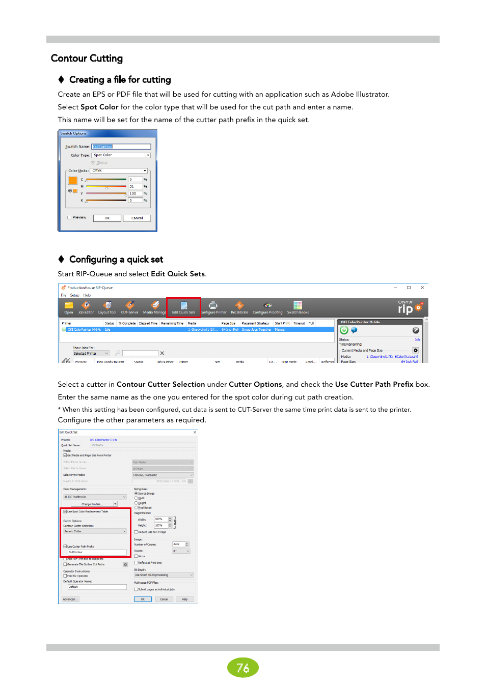 Contour cutting, Creating a file for cutting, Configuring a quick set | Oki ColorPainter E-64s User Manual | Page 76 / 146