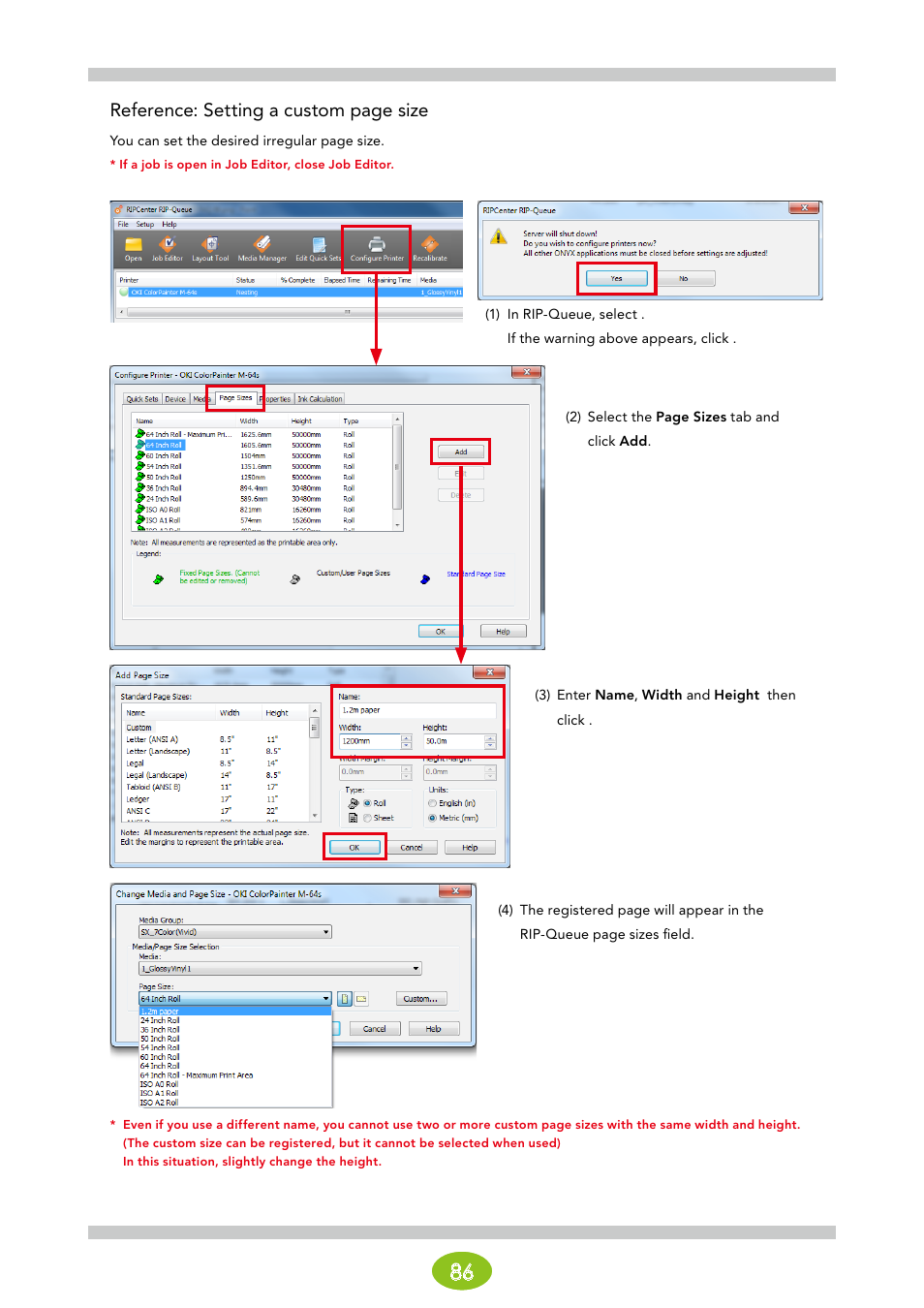 Reference: setting a custom page size | Oki ColorPainter E-64s User Manual | Page 86 / 146
