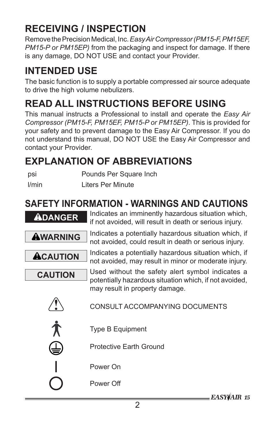 Receiving / inspection, Intended use, Read all instructions before using | Explanation of abbreviations, Safety information - warnings and cautions | Precision Medical PM15 EasyAir Compressor User Manual | Page 3 / 12