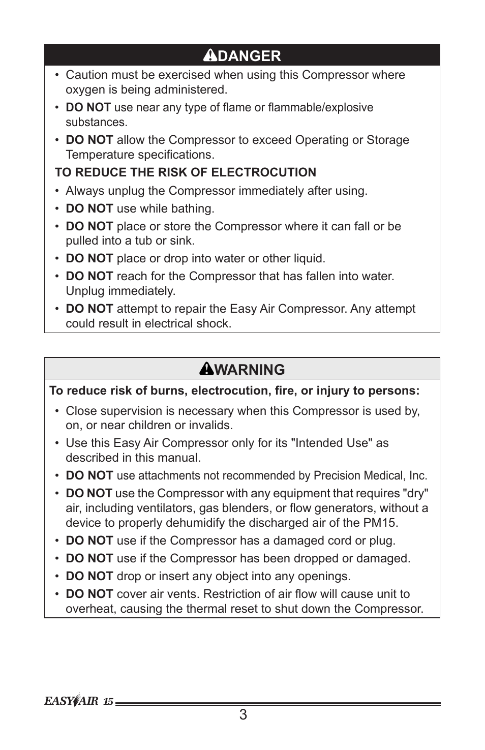 3danger, Warning | Precision Medical PM15 EasyAir Compressor User Manual | Page 4 / 12