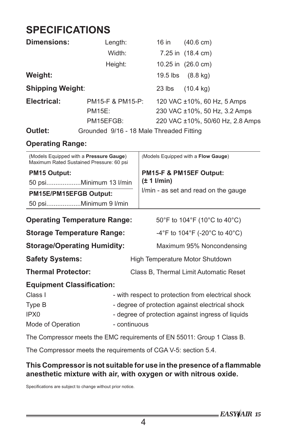 Specifications | Precision Medical PM15 EasyAir Compressor User Manual | Page 5 / 12