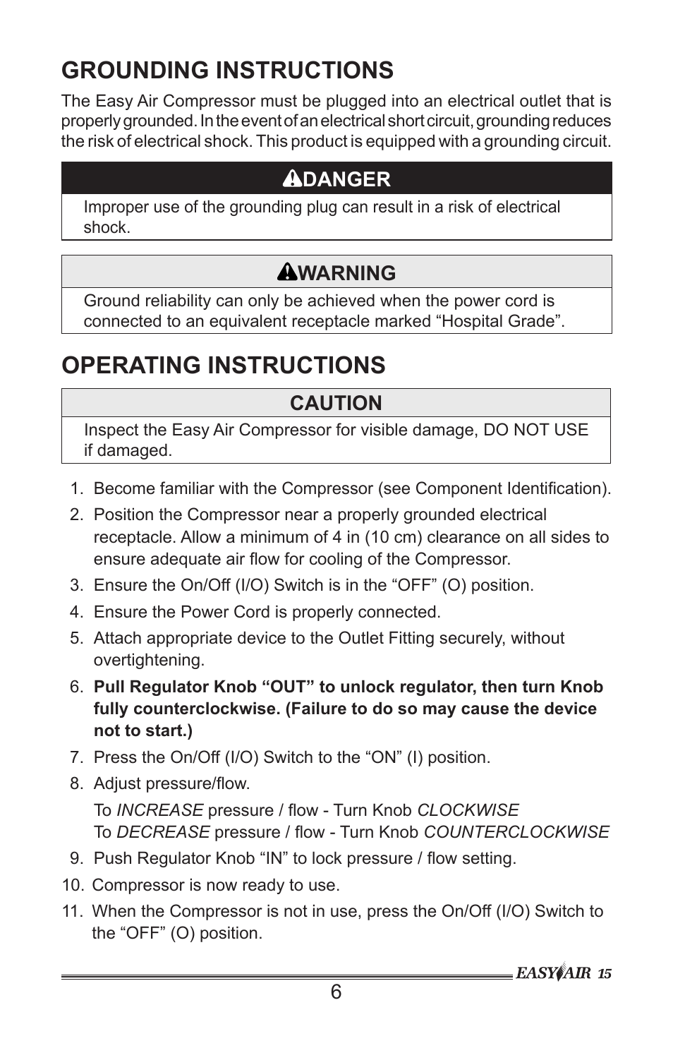 Grounding instructions, Operating instructions | Precision Medical PM15 EasyAir Compressor User Manual | Page 7 / 12