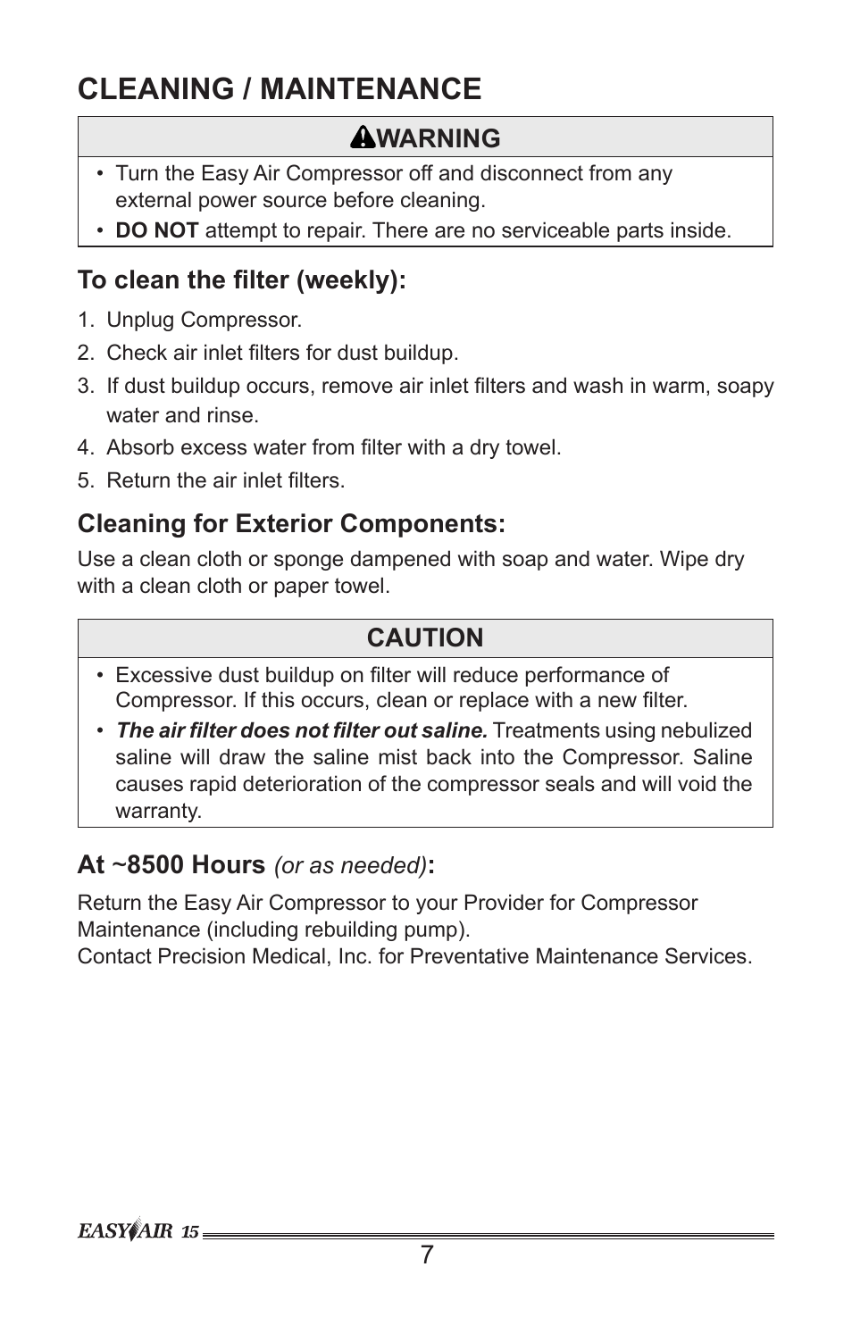 Cleaning / maintenance | Precision Medical PM15 EasyAir Compressor User Manual | Page 8 / 12