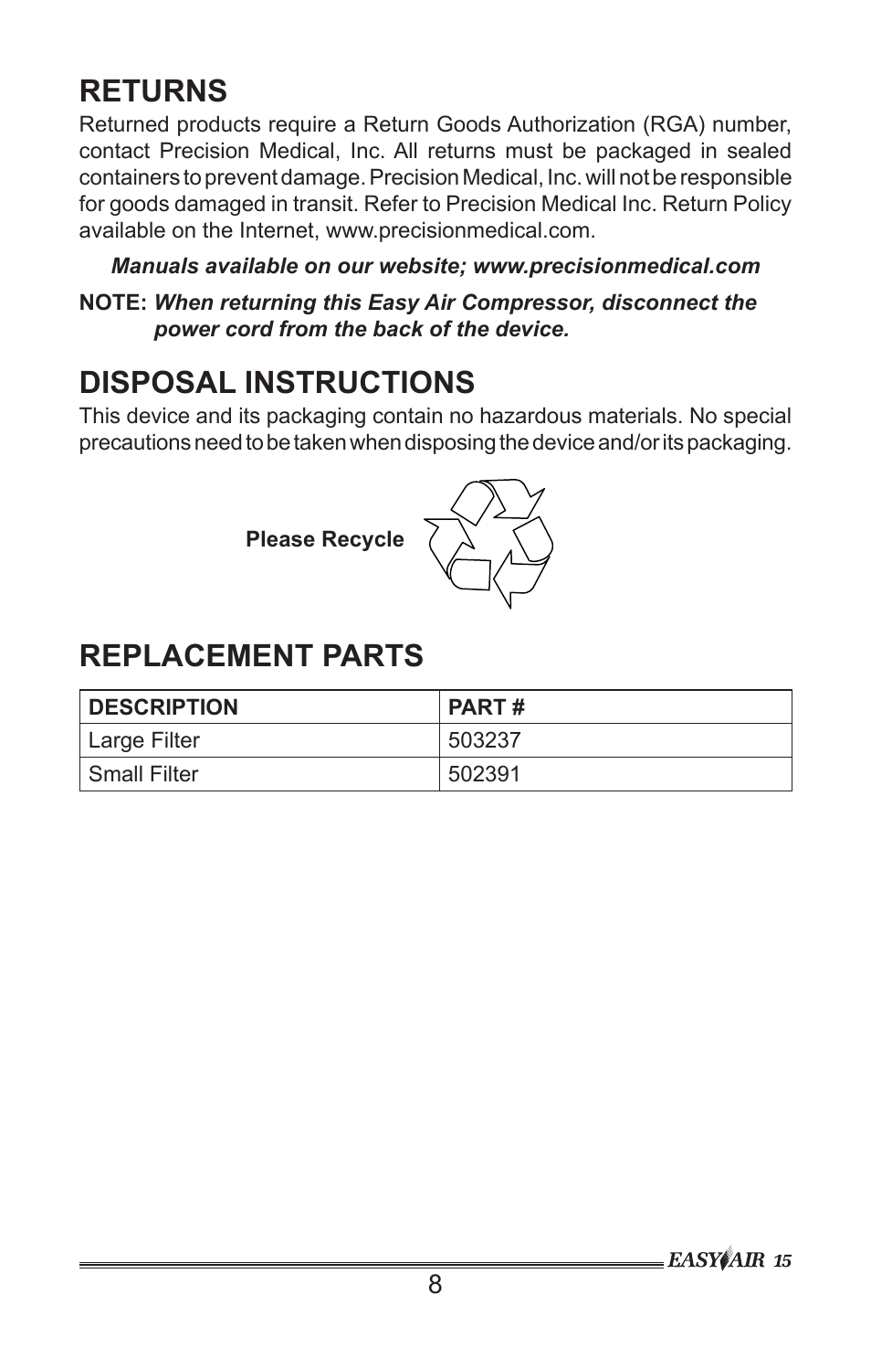 Returns, Disposal instructions, Replacement parts | Precision Medical PM15 EasyAir Compressor User Manual | Page 9 / 12