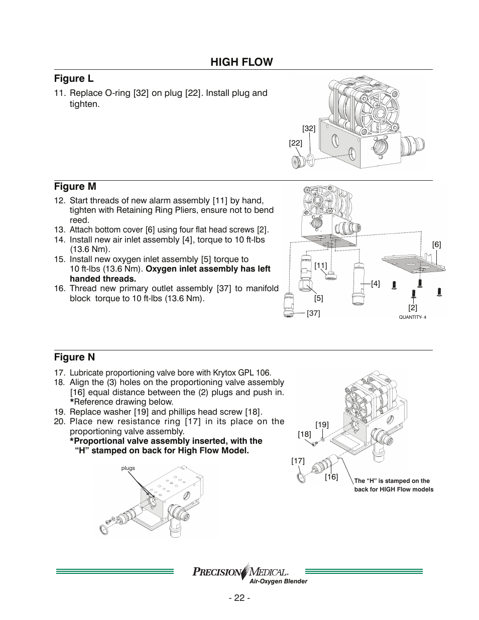 High flow, Figure l, Figure m | Figure n | Precision Medical Air-Oxygen Blender User Manual | Page 23 / 34