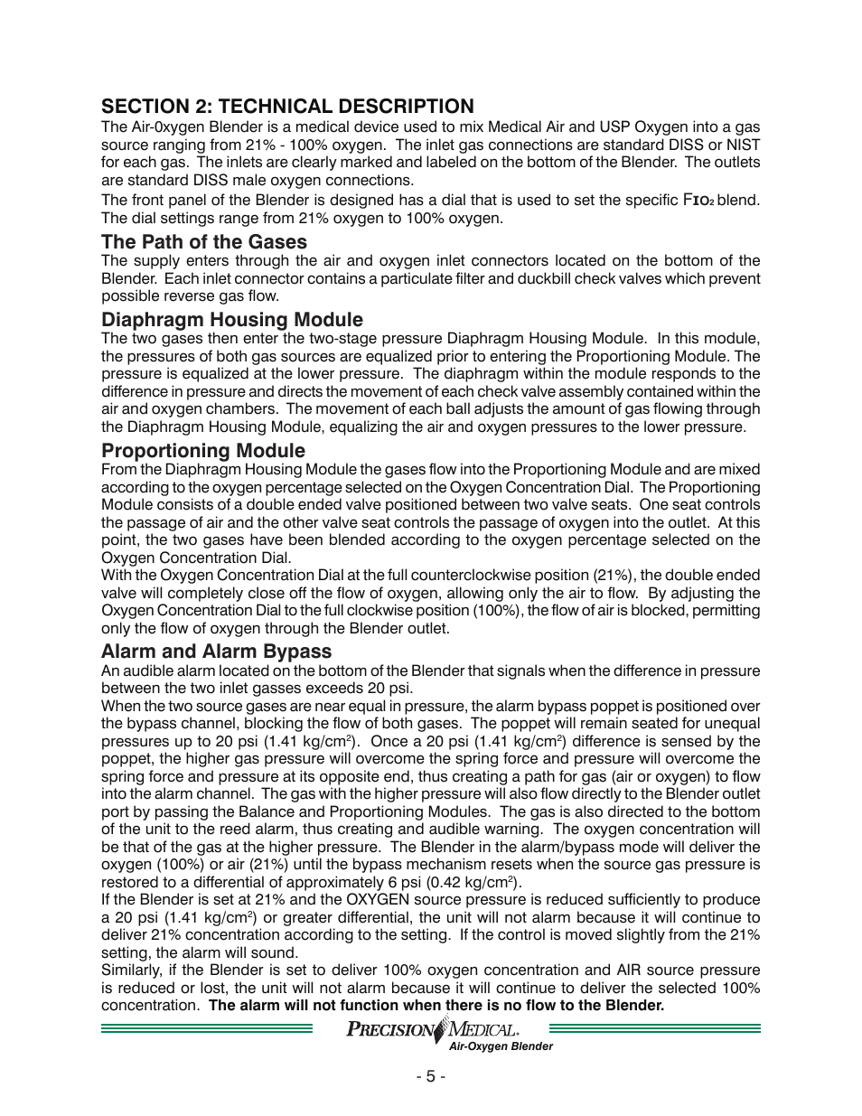 The path of the gases, Diaphragm housing module, Proportioning module | Alarm and alarm bypass | Precision Medical Air-Oxygen Blender User Manual | Page 6 / 34