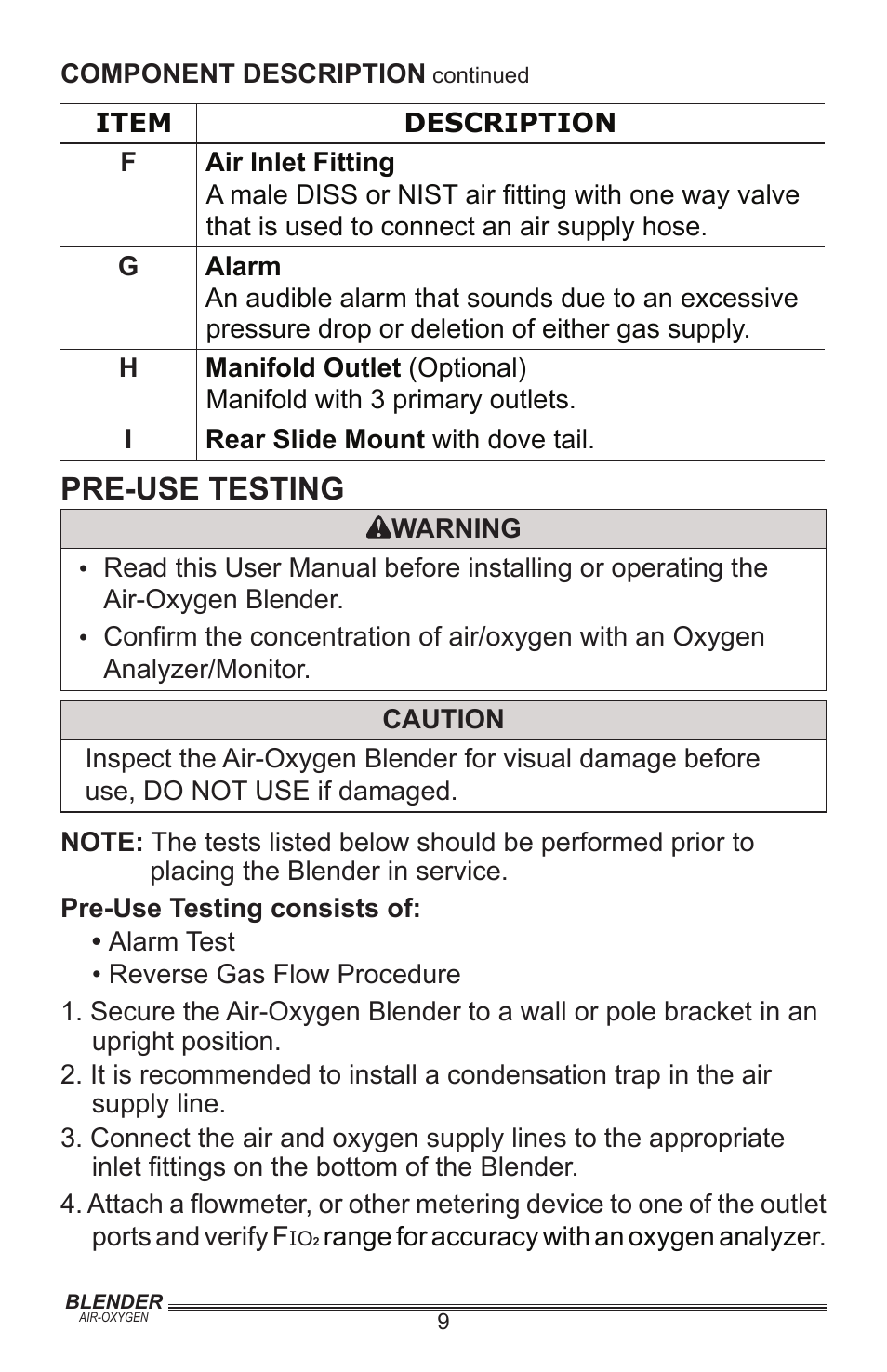 Pre-use testing | Precision Medical Air-Oxygen Blender User Manual | Page 10 / 16