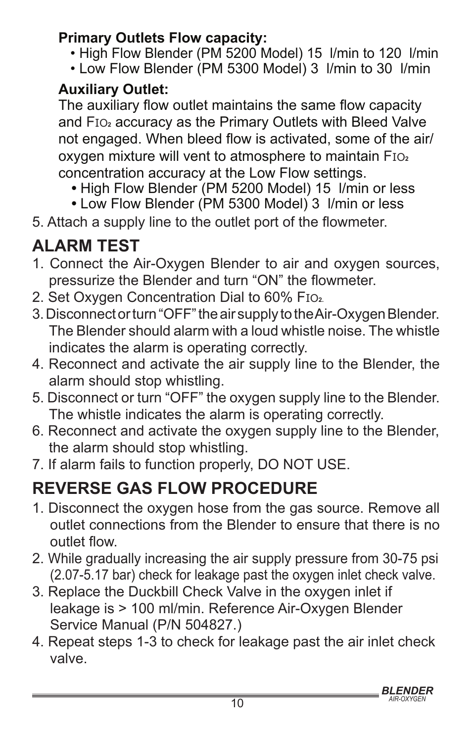 Alarm test, Reverse gas flow procedure | Precision Medical Air-Oxygen Blender User Manual | Page 11 / 16