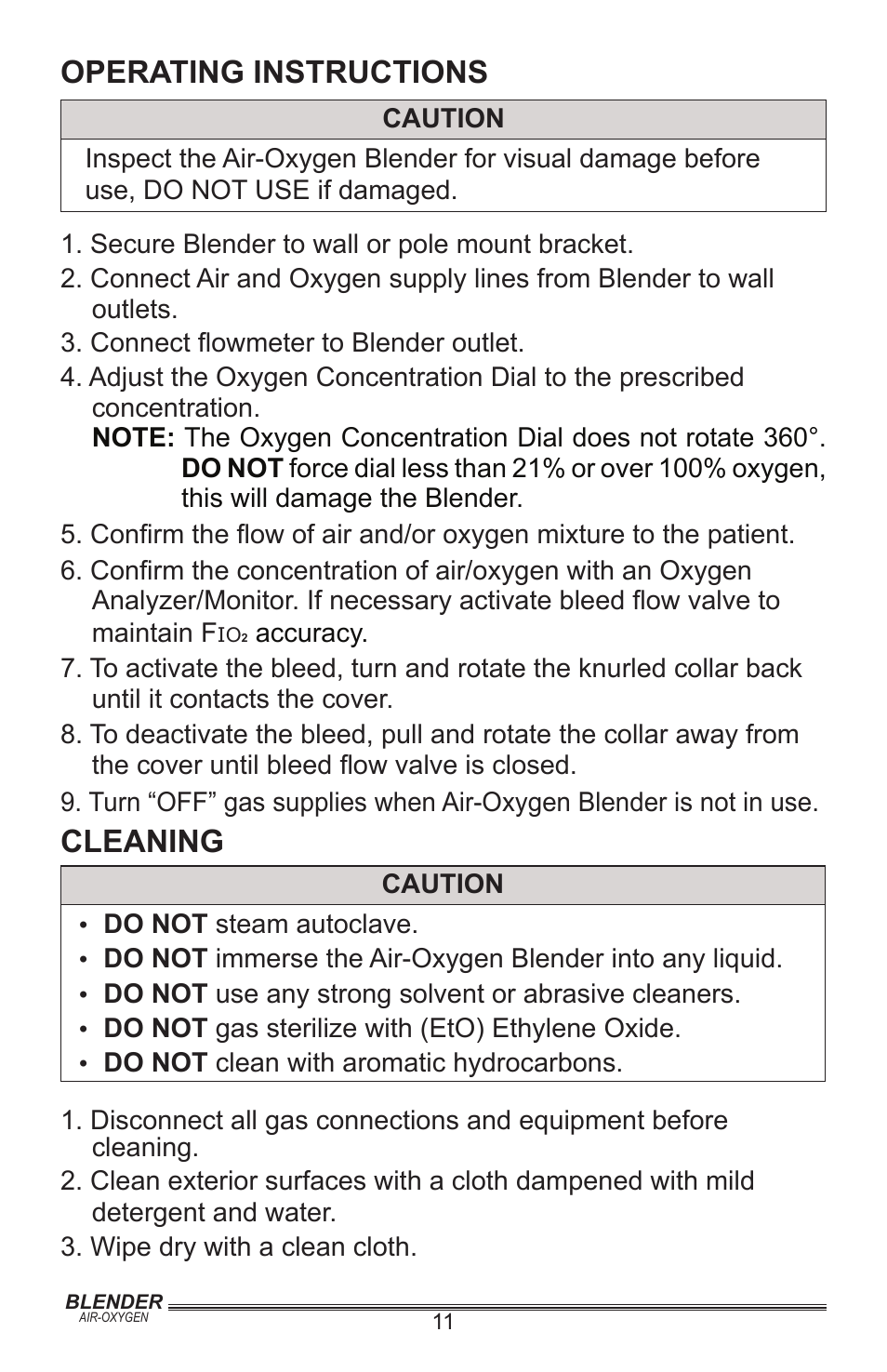 Operating instructions, Cleaning | Precision Medical Air-Oxygen Blender User Manual | Page 12 / 16
