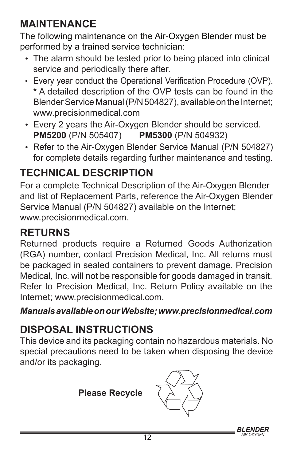 Maintenance, Technical description, Returns | Disposal instructions | Precision Medical Air-Oxygen Blender User Manual | Page 13 / 16