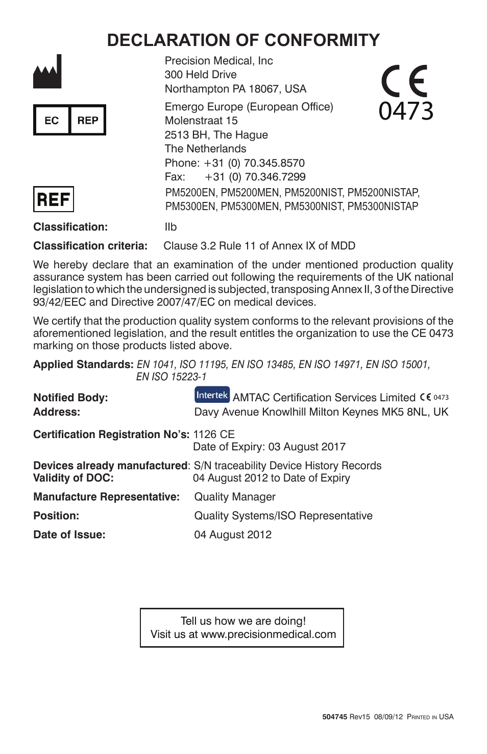 Declaration of conformity | Precision Medical Air-Oxygen Blender User Manual | Page 16 / 16