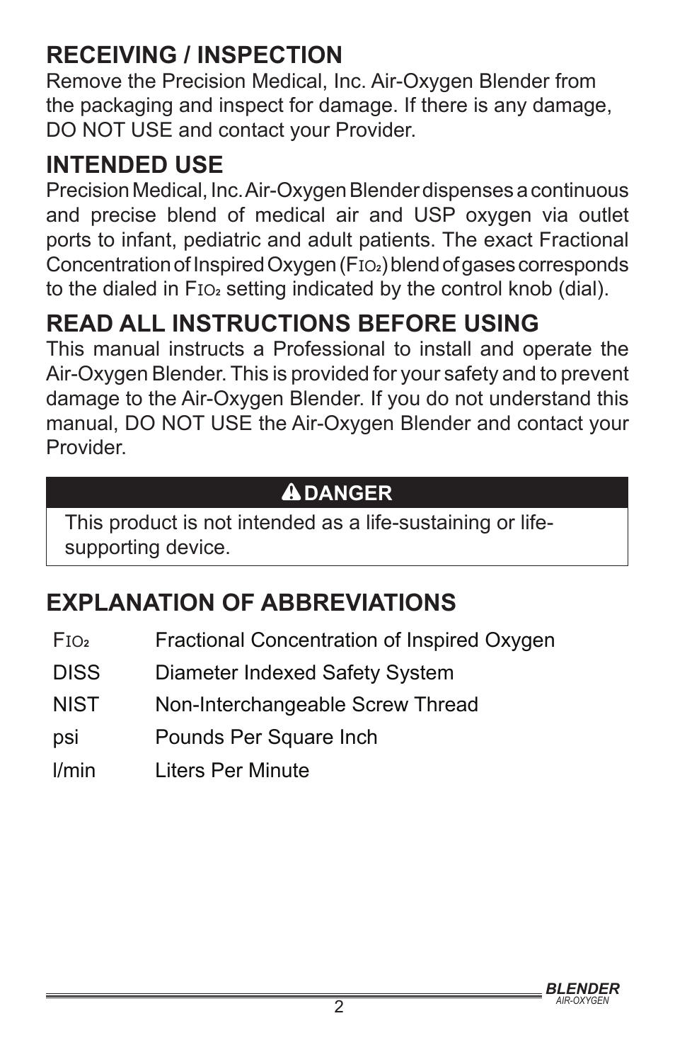 Receiving / inspection, Intended use, Read all instructions before using | Explanation of abbreviations | Precision Medical Air-Oxygen Blender User Manual | Page 3 / 16