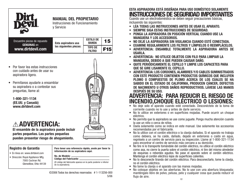 Advertencia, Instrucciones de seguridad importantes, 15 f15 | Dirt Devil Vacuum User Manual | Page 11 / 15