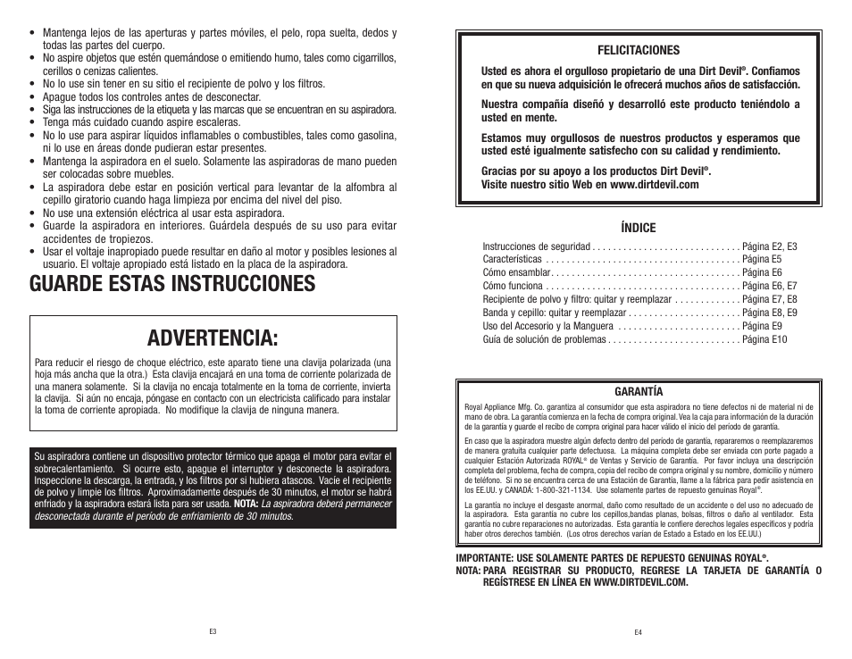 Advertencia, Guarde estas instrucciones | Dirt Devil Vacuum User Manual | Page 12 / 15