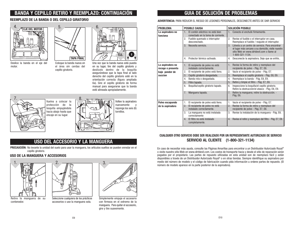 Uso del accesorio y la manguera, Banda y cepillo retiro y reemplazo: continuación, Guia de solución de problemas | 8. 6a | Dirt Devil Vacuum User Manual | Page 15 / 15