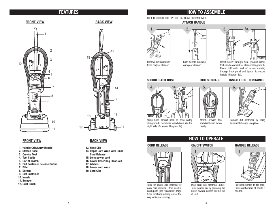 Features, How to assemble how to operate | Dirt Devil Vacuum User Manual | Page 3 / 15