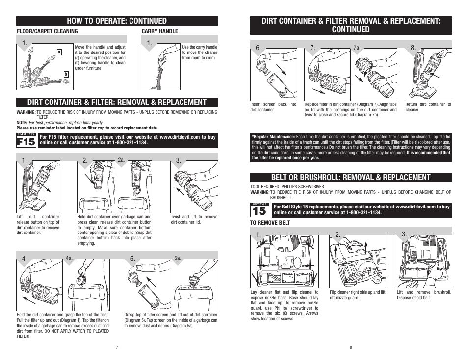 Belt or brushroll: removal & replacement | Dirt Devil Vacuum User Manual | Page 4 / 15