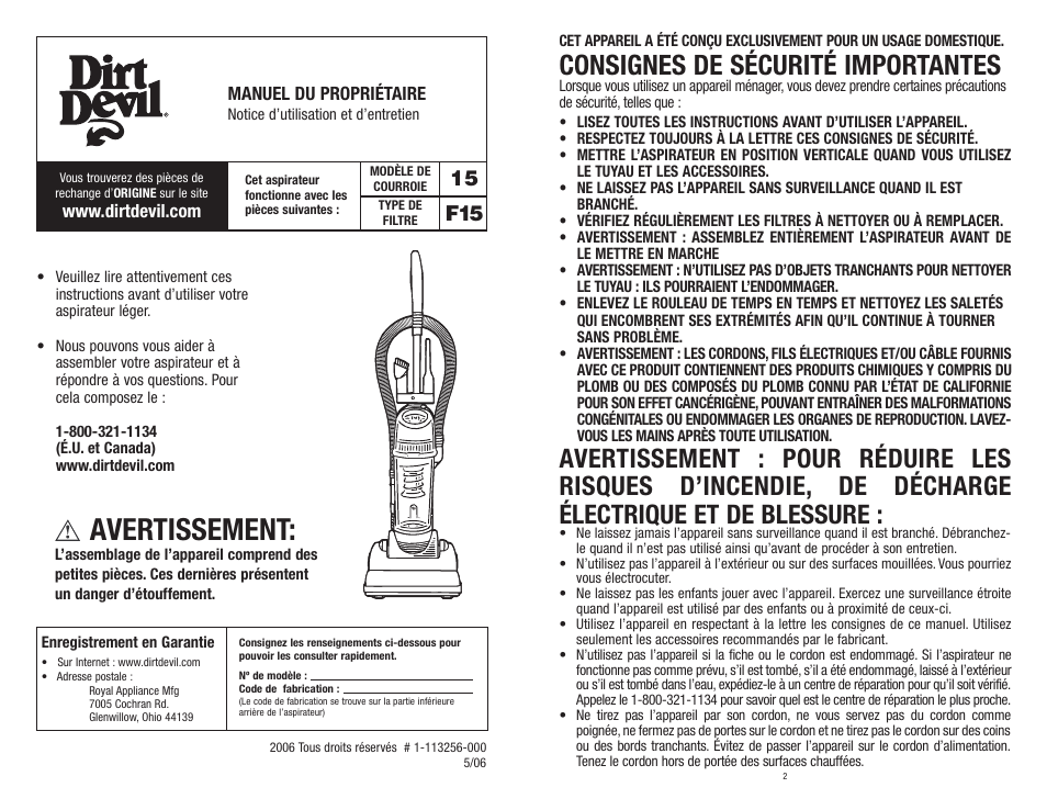 Avertissement, Consignes de sécurité importantes, 15 f15 | Dirt Devil Vacuum User Manual | Page 6 / 15