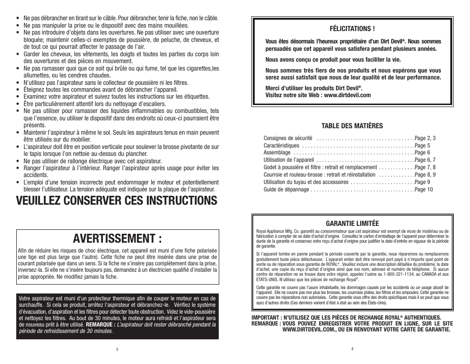 Avertissement, Veuillez conserver ces instructions | Dirt Devil Vacuum User Manual | Page 7 / 15