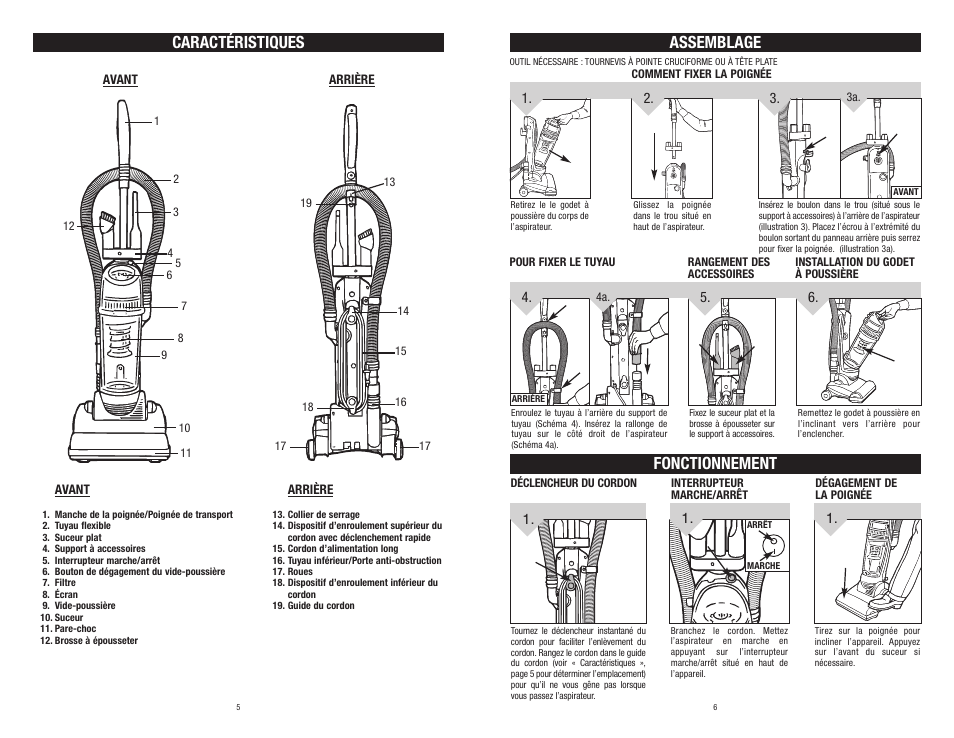 Caractéristiques, Assemblage, Fonctionnement | Dirt Devil Vacuum User Manual | Page 8 / 15
