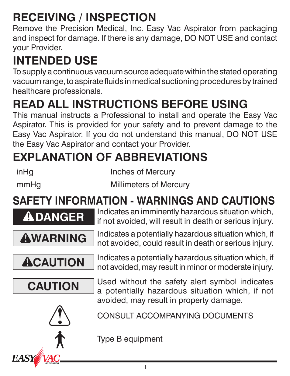 Receiving / inspection, Intended use, Read all instructions before using | Explanation of abbreviations, Safety information - warnings and cautions danger, Warning, Caution | Precision Medical PM60 EasyVac Aspirator User Manual | Page 2 / 12