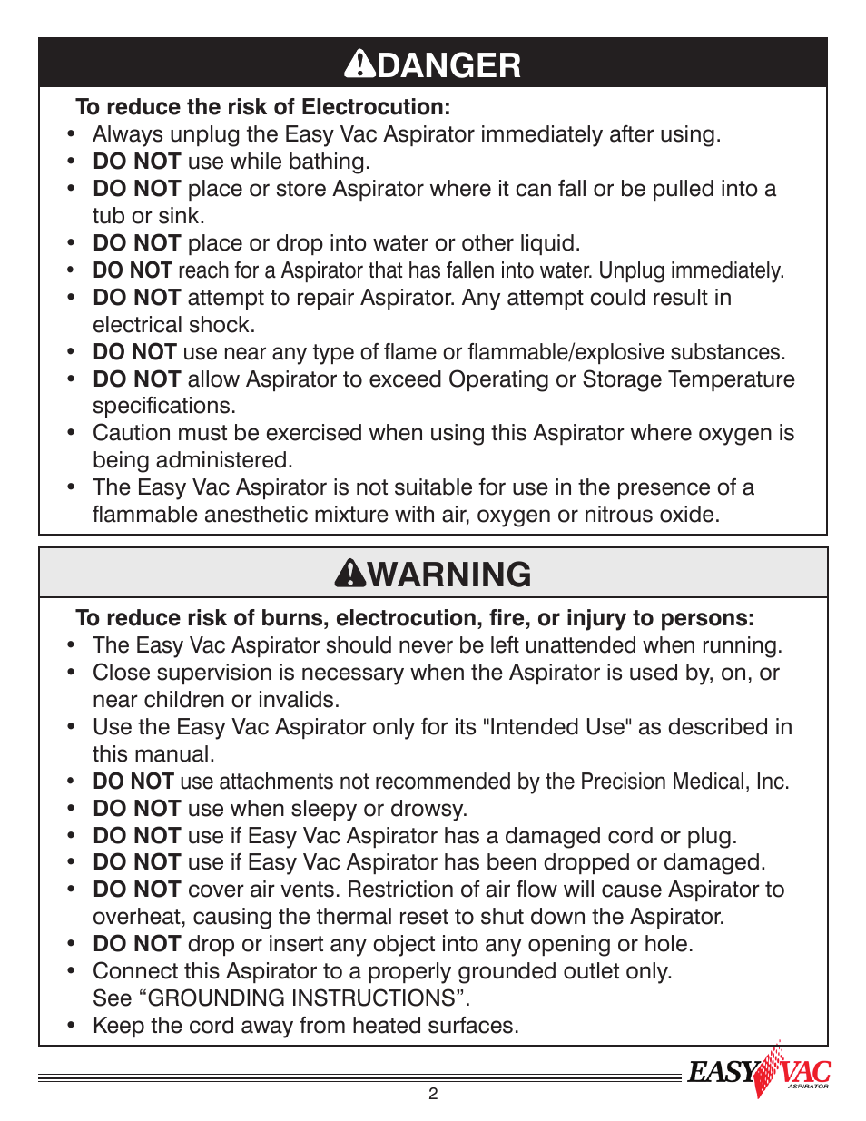 Danger, Warning | Precision Medical PM60 EasyVac Aspirator User Manual | Page 3 / 12