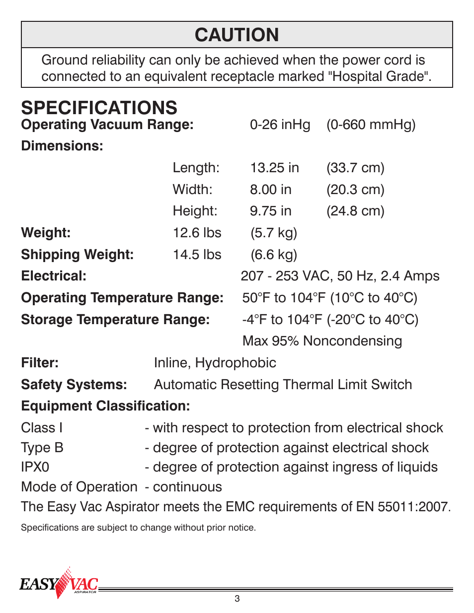 Caution, Specifications | Precision Medical PM60 EasyVac Aspirator User Manual | Page 4 / 12