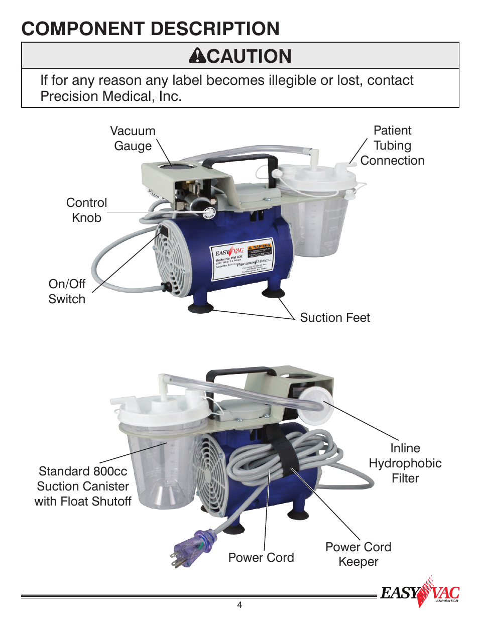 Component description caution | Precision Medical PM60 EasyVac Aspirator User Manual | Page 5 / 12