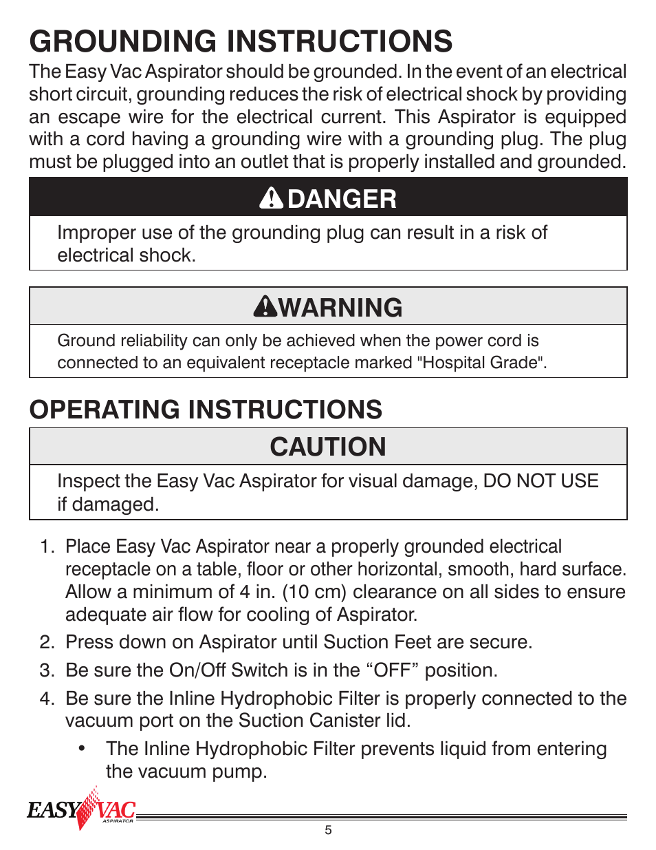 Grounding instructions, Danger, Warning | Operating instructions caution | Precision Medical PM60 EasyVac Aspirator User Manual | Page 6 / 12