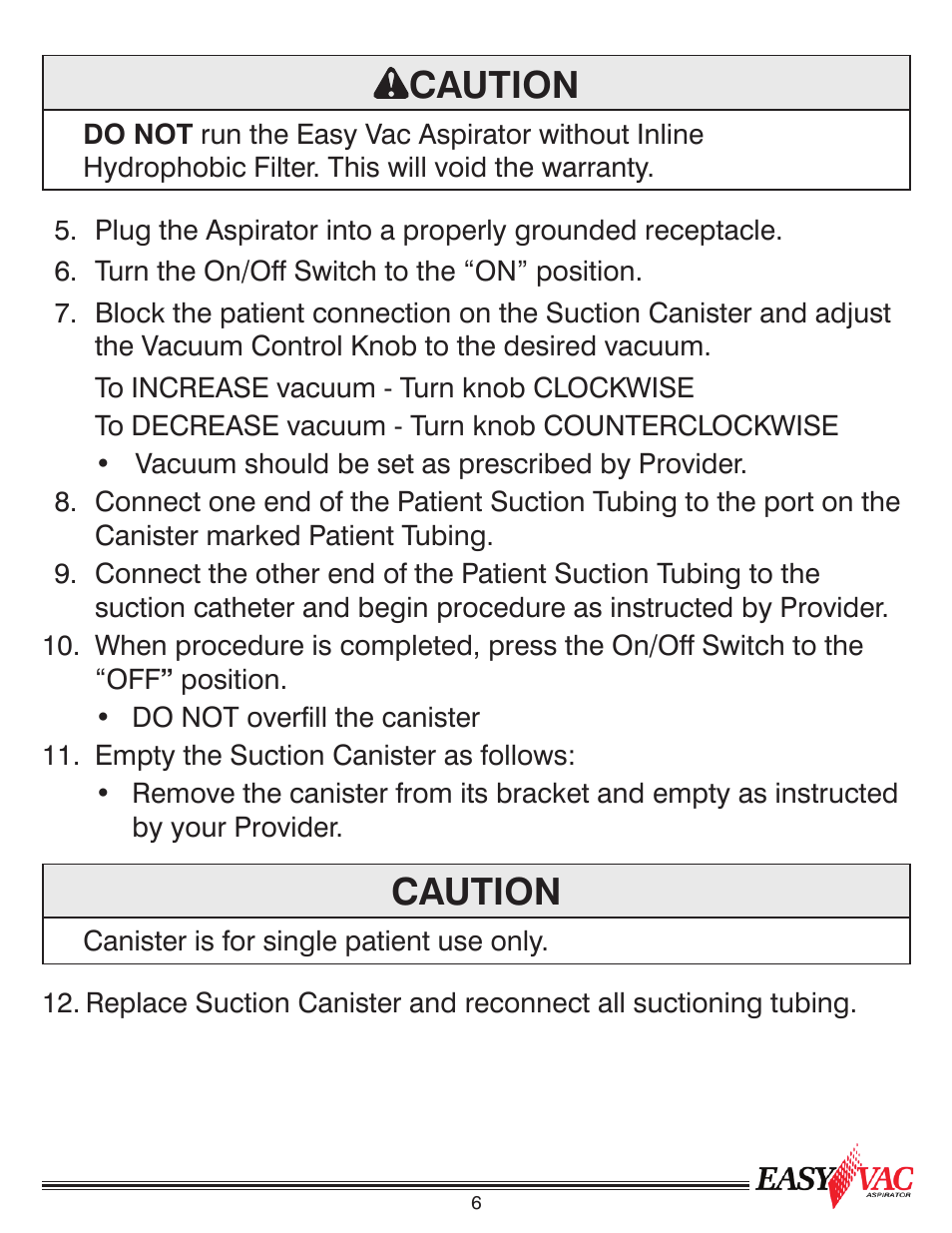 Caution | Precision Medical PM60 EasyVac Aspirator User Manual | Page 7 / 12