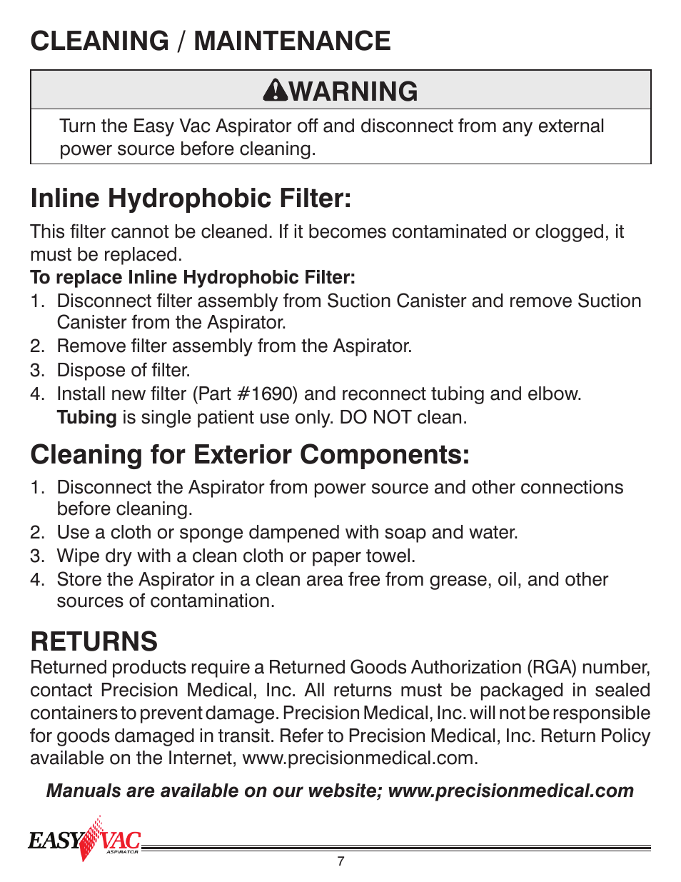 Cleaning / maintenance warning, Inline hydrophobic filter, Cleaning for exterior components | Returns | Precision Medical PM60 EasyVac Aspirator User Manual | Page 8 / 12