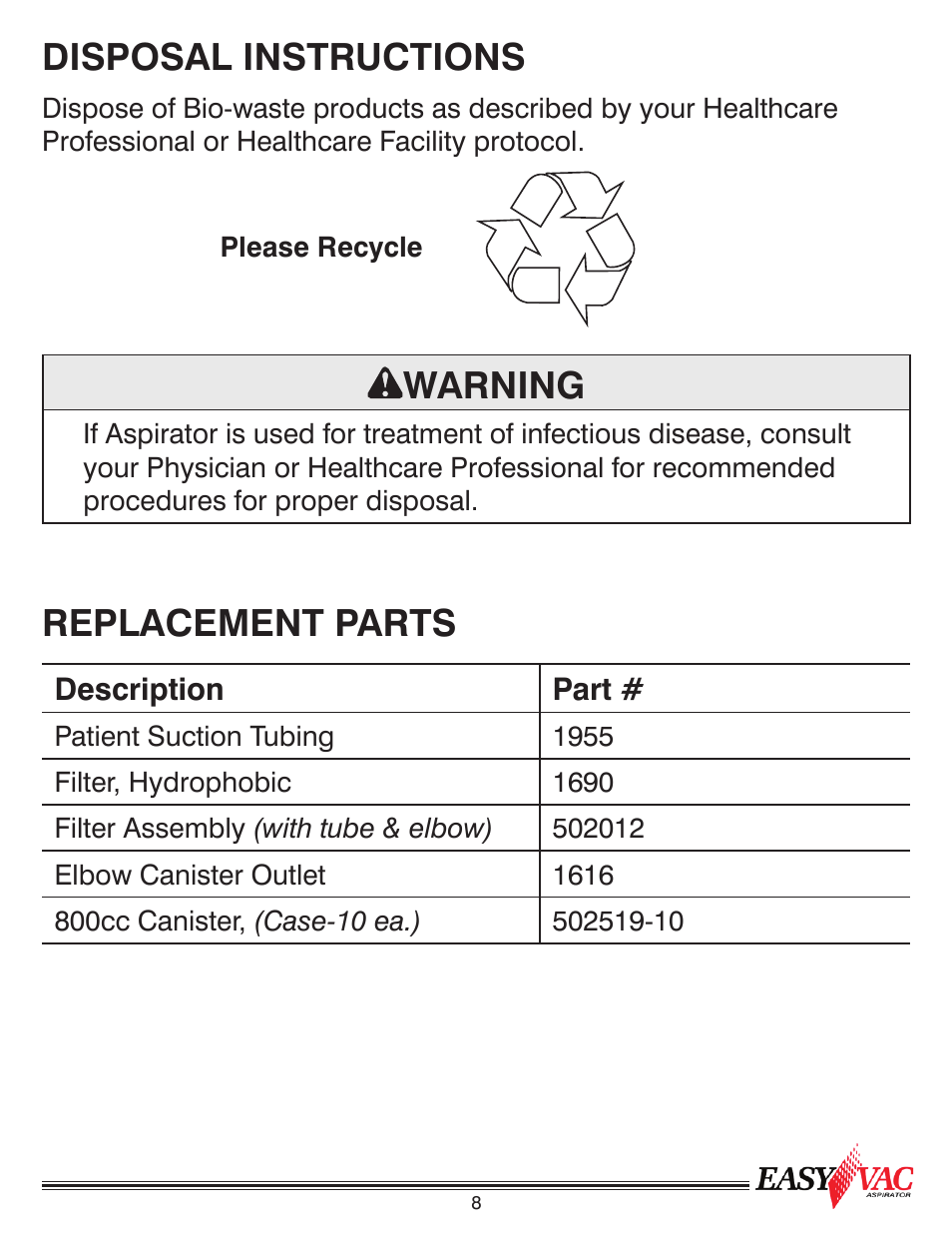 Disposal instructions, Warning, Replacement parts | Precision Medical PM60 EasyVac Aspirator User Manual | Page 9 / 12