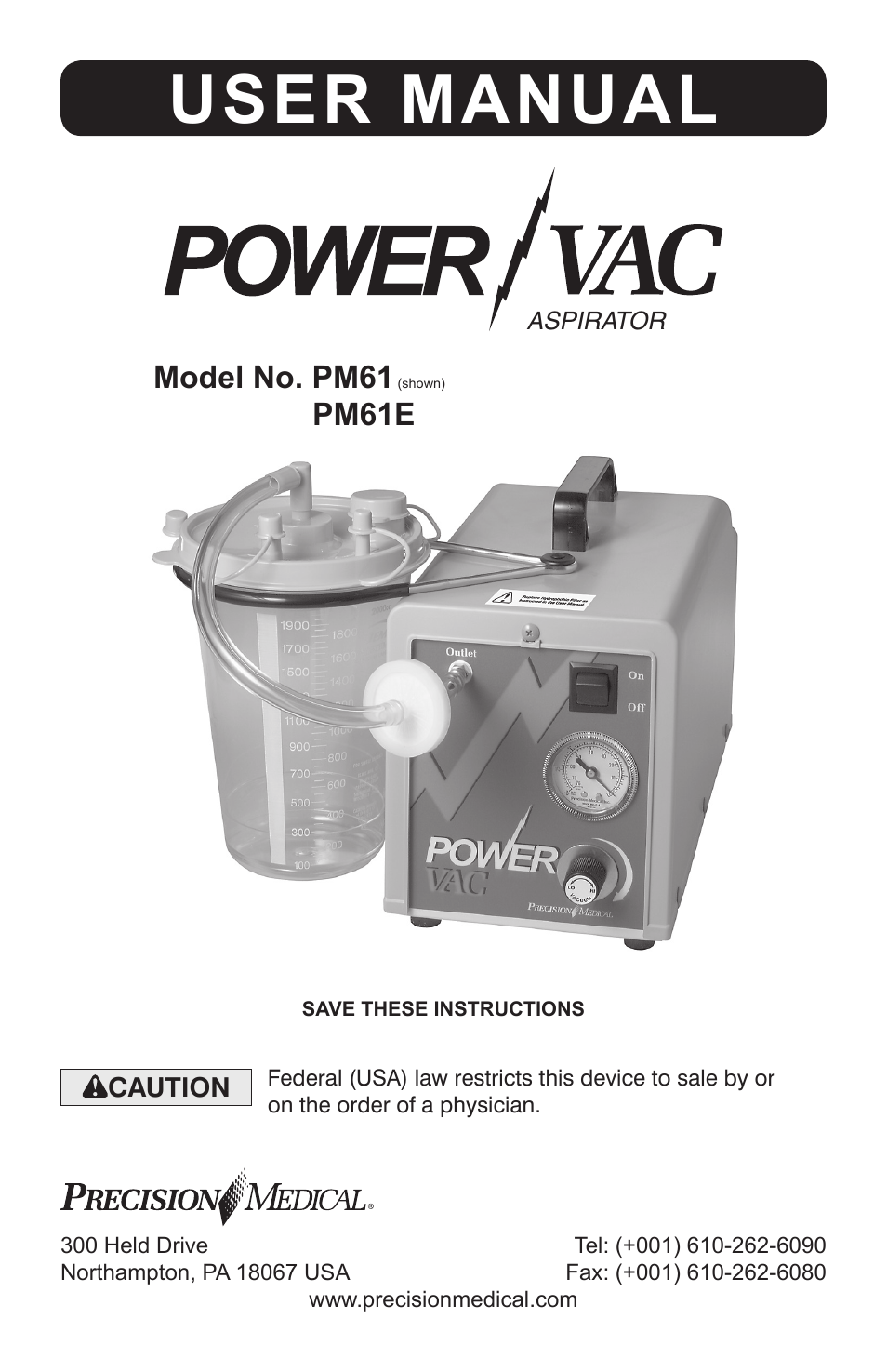 Precision Medical PM61 PowerVac Aspirator User Manual | 12 pages